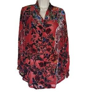 Johnny Was Yoella Red Black Floral Velvet Burnout Tunic Top Blouse sz S NEW